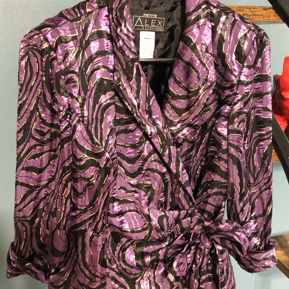 Alex Evenings Purple and Black Metallic Wrap Blouse